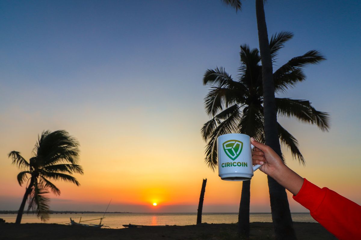 Ciricoin branded mug held up against a palm tree sunset