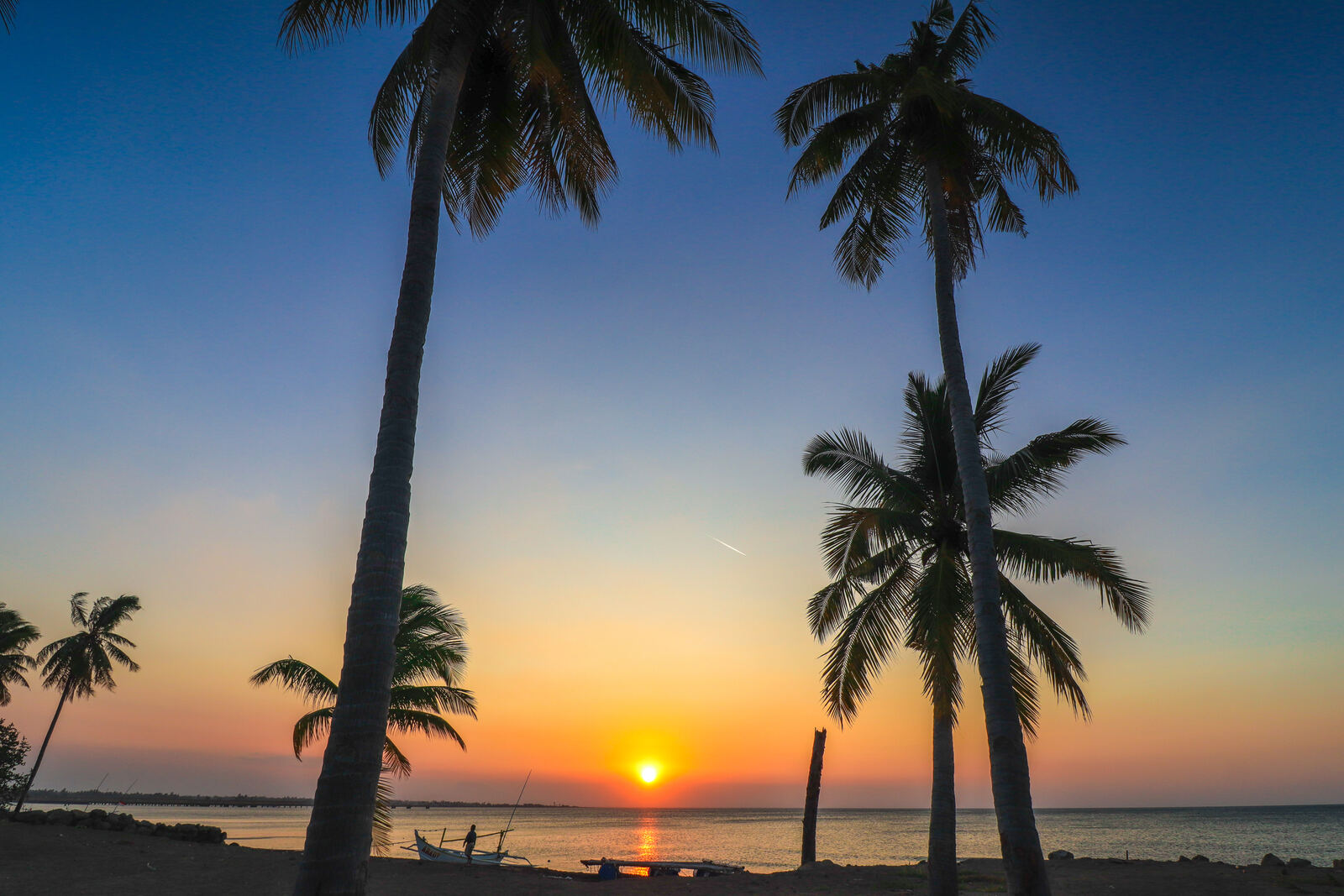 Sunset over the sea behind silhouetted palm trees on a tropical beach